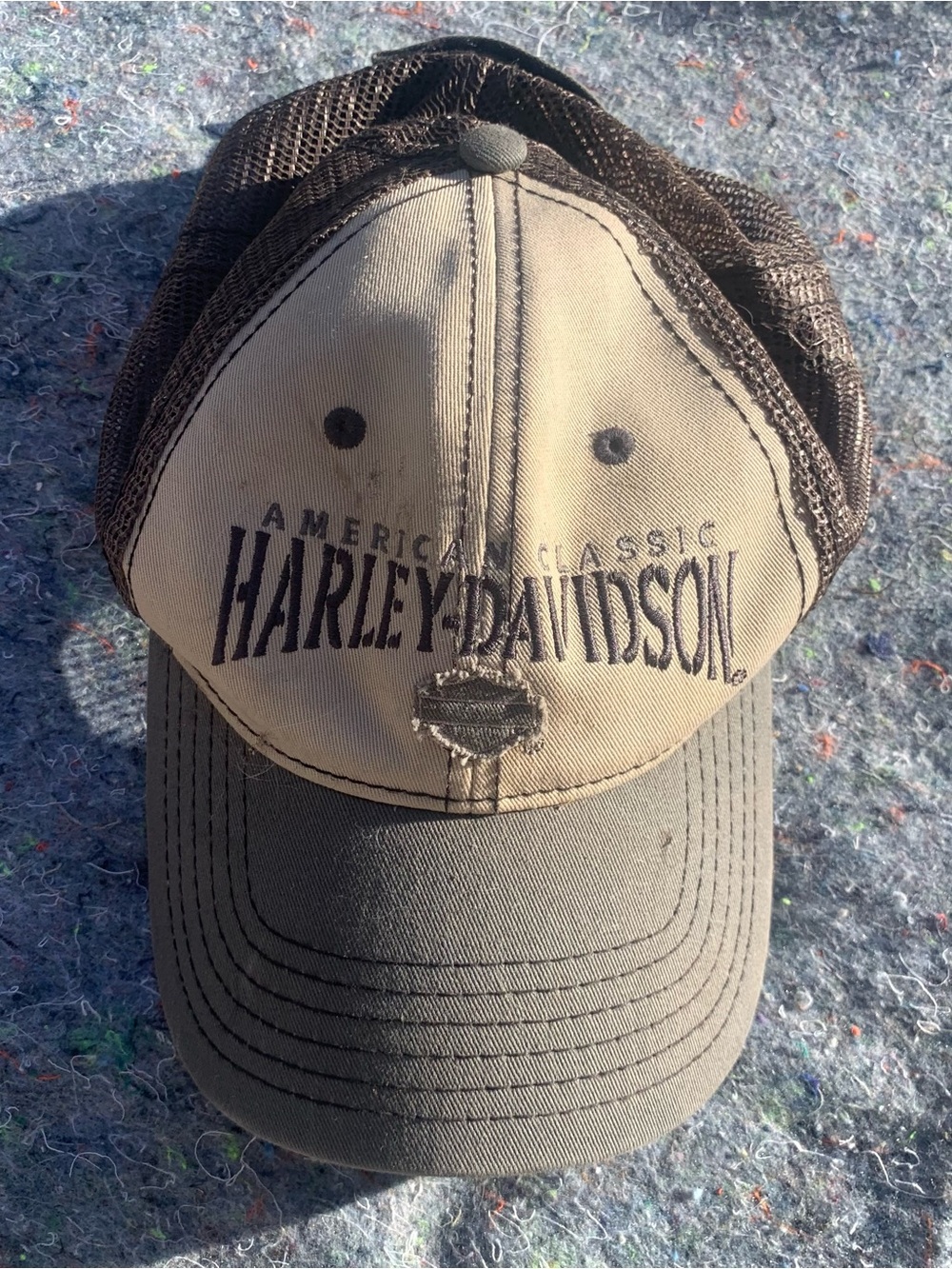 Vintage Y2K Grungy Burning Man Harley Davidson motorcycle patch trucker hat cap